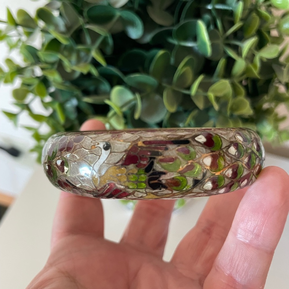 Rare Plique-a-Jour Red Green Vintage Peacock Transparent Enamel Bangle Bracelet